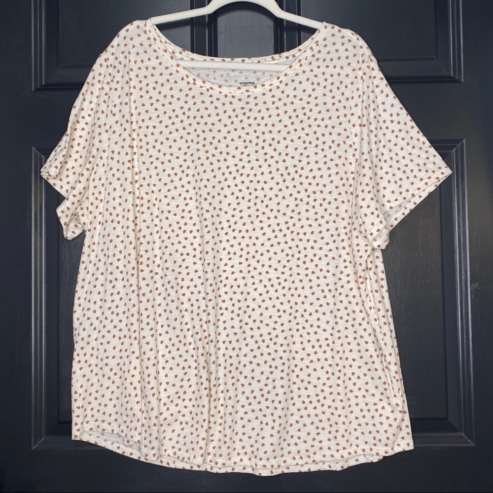 Sonoma The Everyday Tee White & Brown Hearts Print Short Sleeve Shirt Size 2X